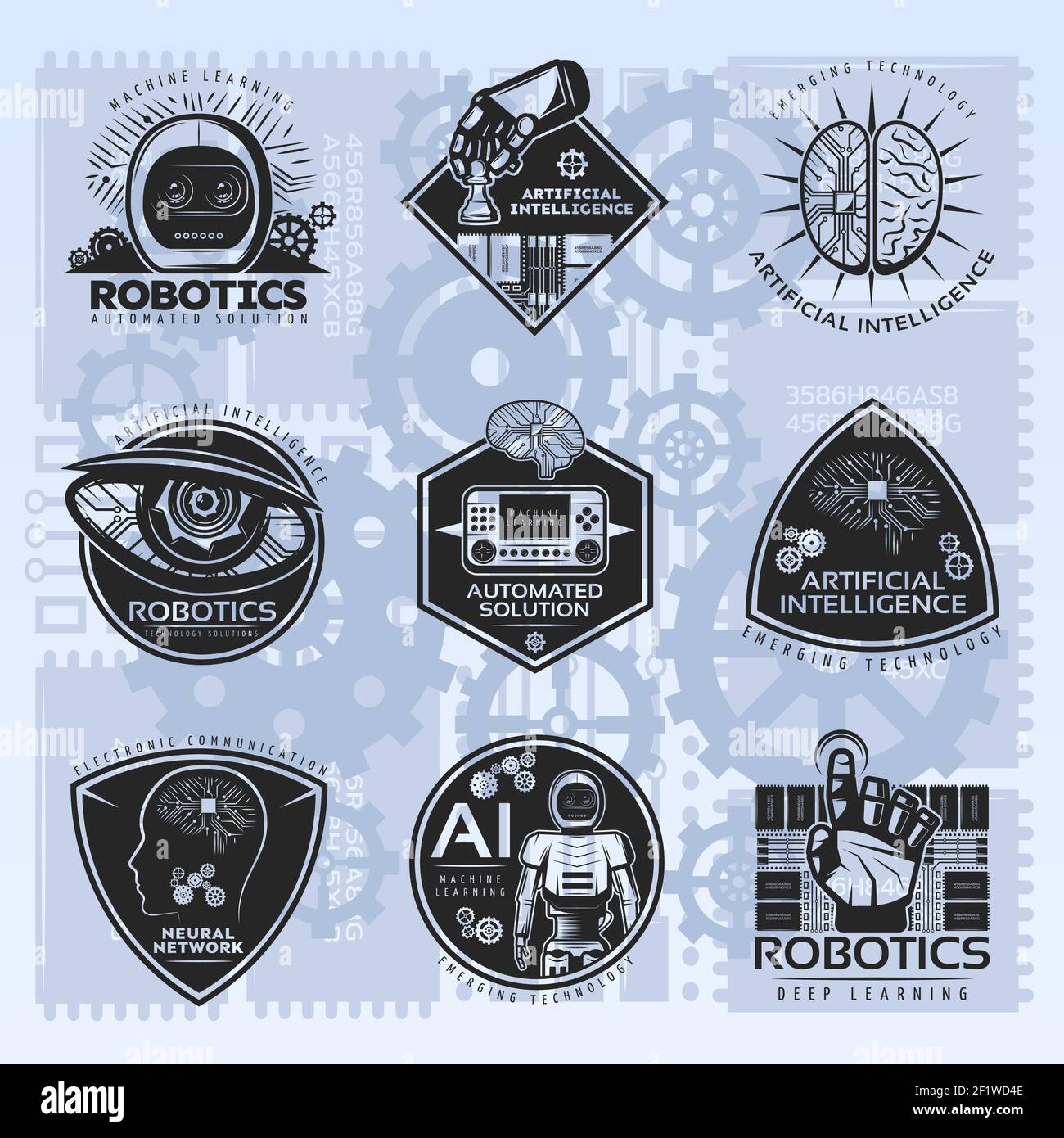 Vintage artificial intelligence emblems set with robotic futuristic ...