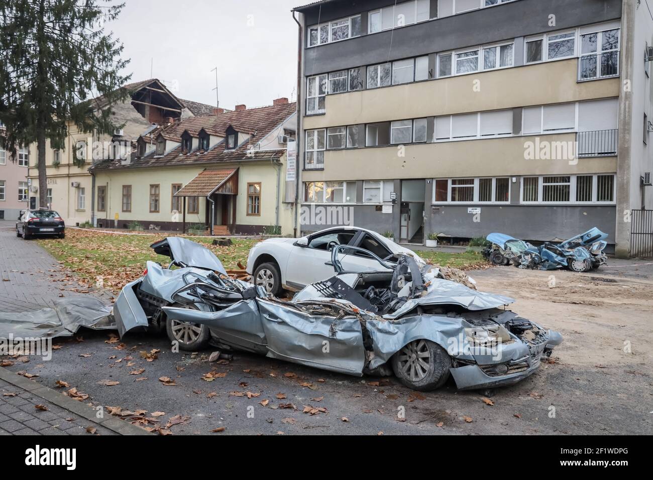 A strong earthquake hit Croatia yesterday, the epicenter of the 6.2 magnitude earthquake was 3 kilometers from Petrinja. Destroyed cars in the center Stock Photo