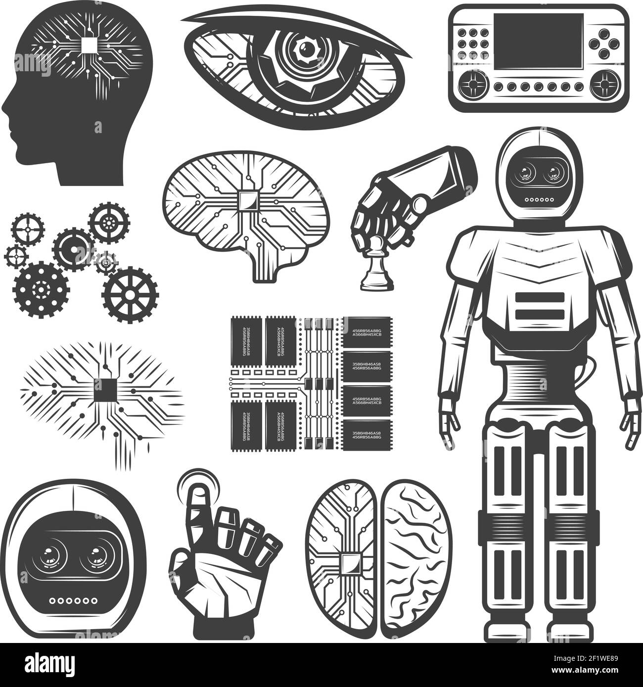Vintage artificial intelligence icons set with robotic cybernetic elements  body parts cyborg and microchip isolated vector illustration Stock Vector  Image & Art - Alamy
