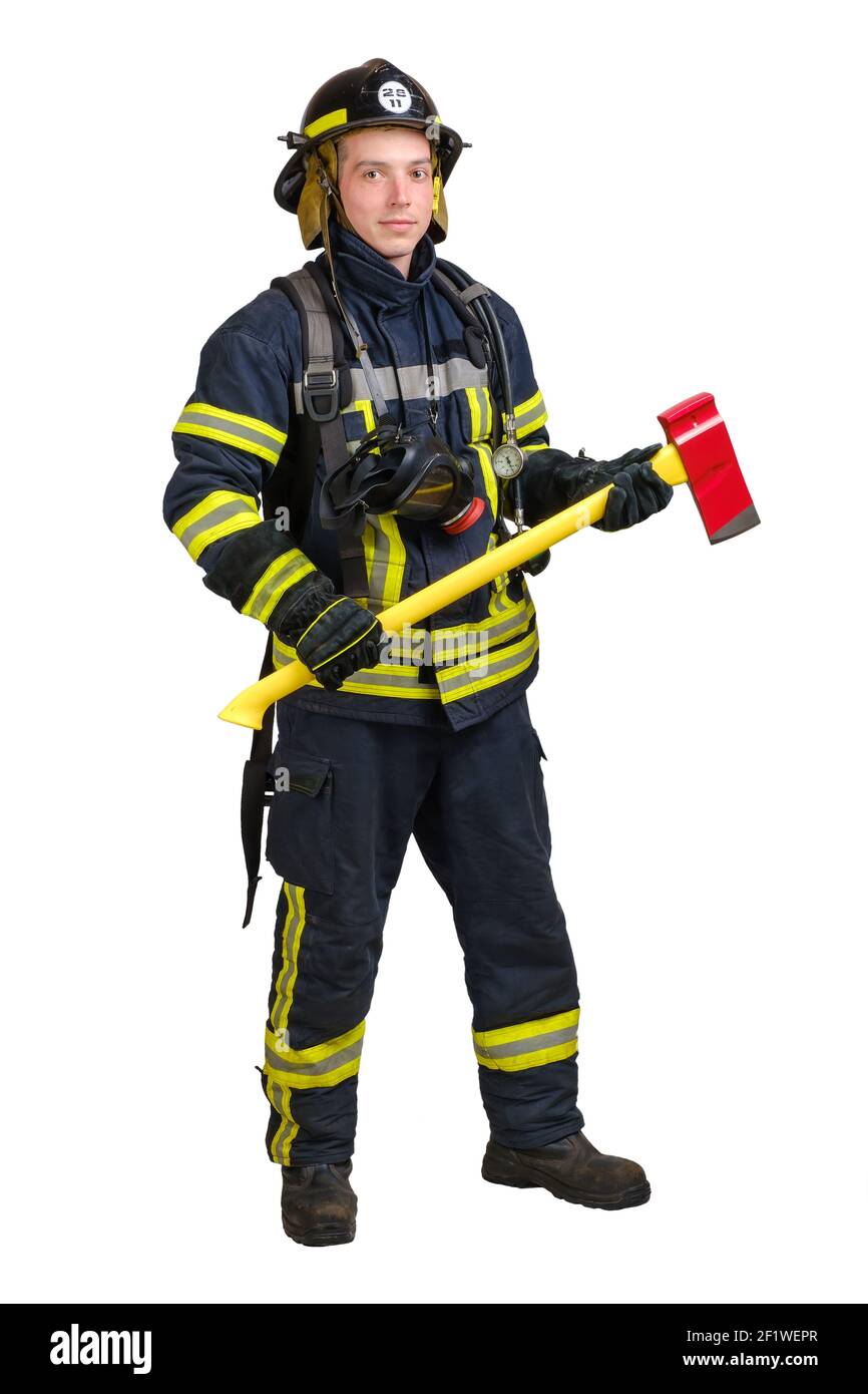 Smiling young man in firefighter uniform Stock Photo Alamy