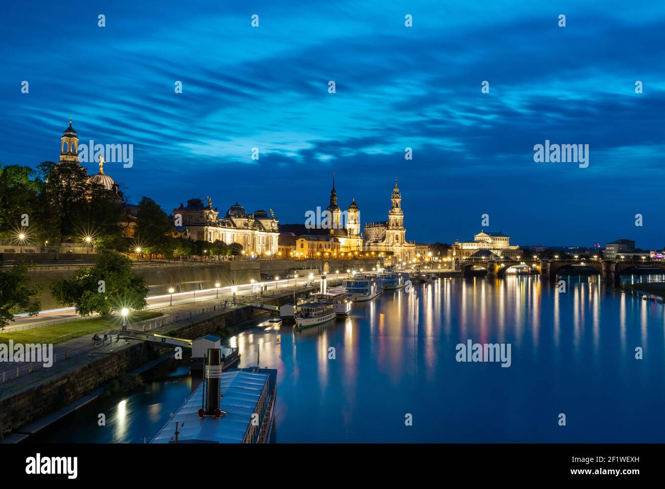 View of the Saxon capital city Dresden and the Elbe River at night Stock Photo