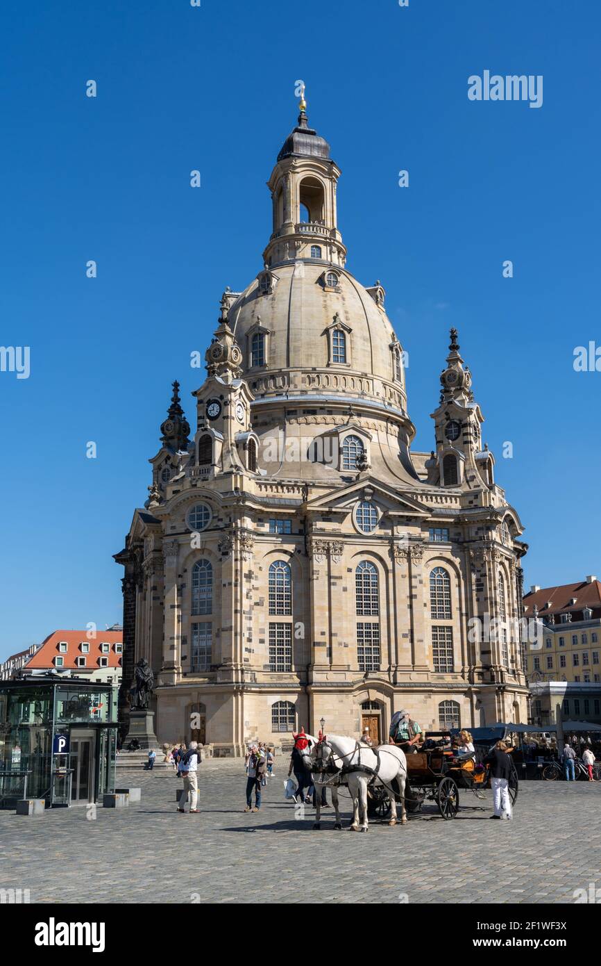 Horse and carriage in front of the Frauenkirche Church in downtown Dresden Stock Photo