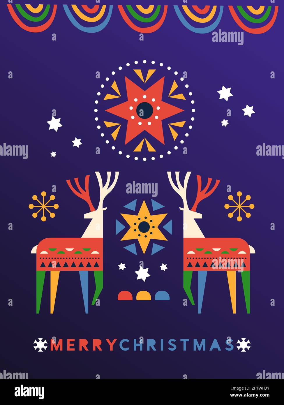 Merry Christmas folk art greeting card illustration. Colorful nordic style reindeer and traditional ornament decoration for december holiday event. Stock Vector