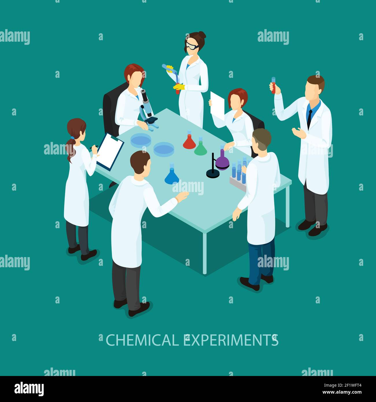 Isometric chemical research template with scientists standing around table and doing scientific experiment vector illustration Stock Vector