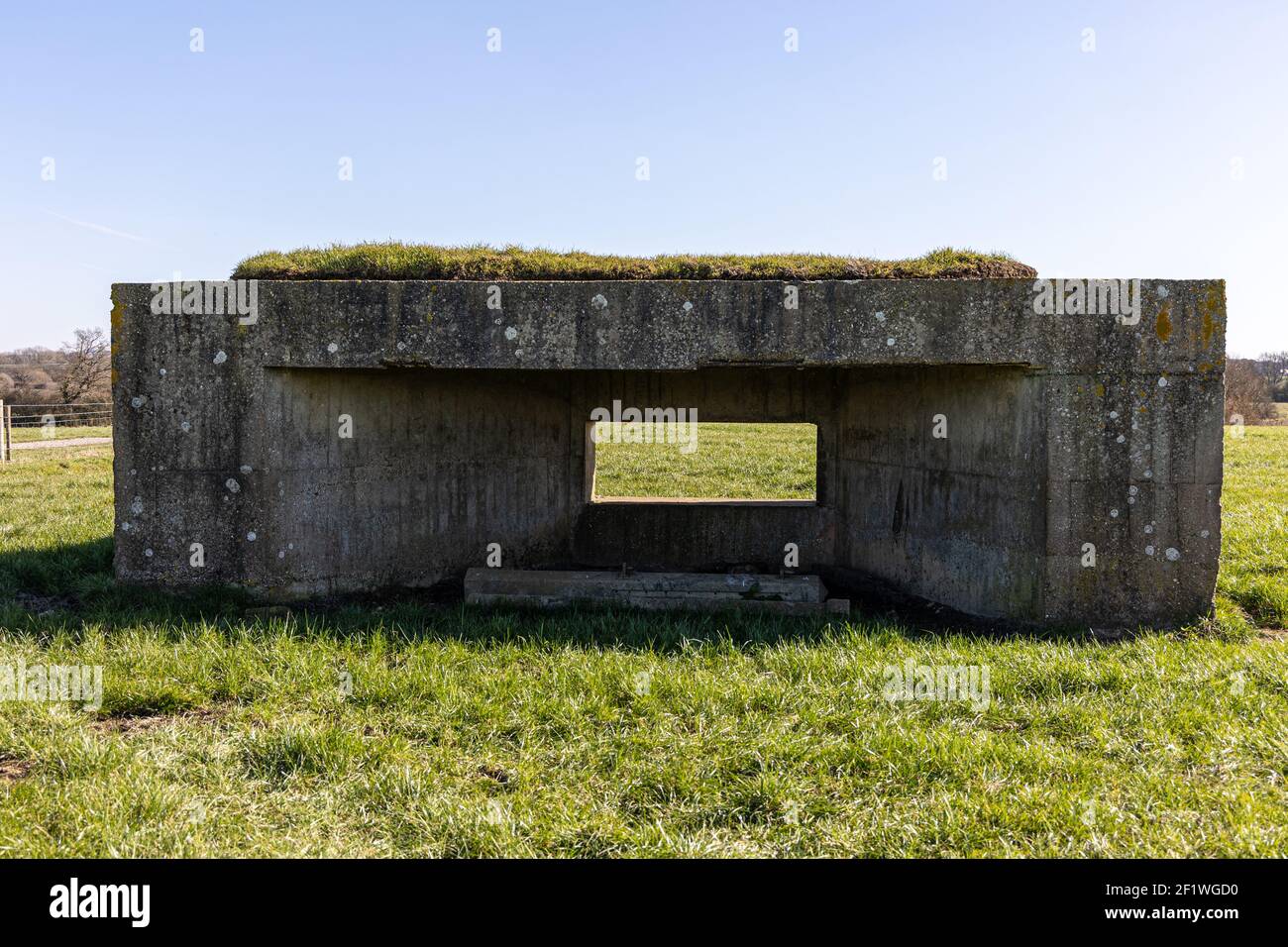 Pillbox bunker World War II anti tank bunker,  these bunkers were used for the defense of the United Kingdom against a possible enemy invasion. Stock Photo