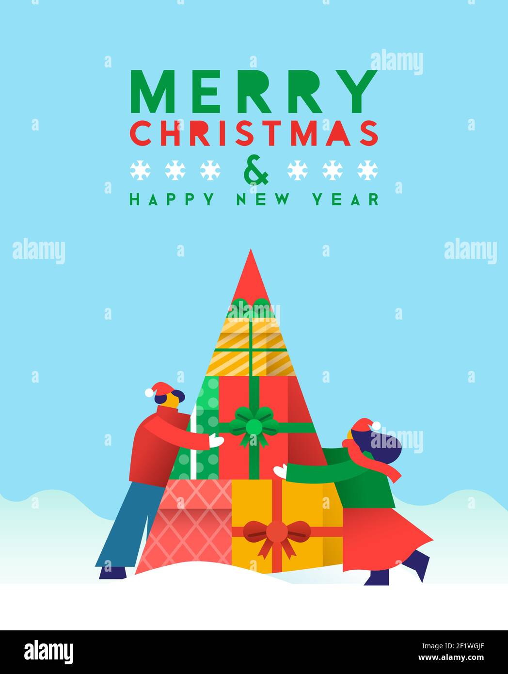 Merry christmas Happy New Year greeting card illustration. Man and woman friends helping on xmas gift pine tree together. Holiday social teamwork conc Stock Vector