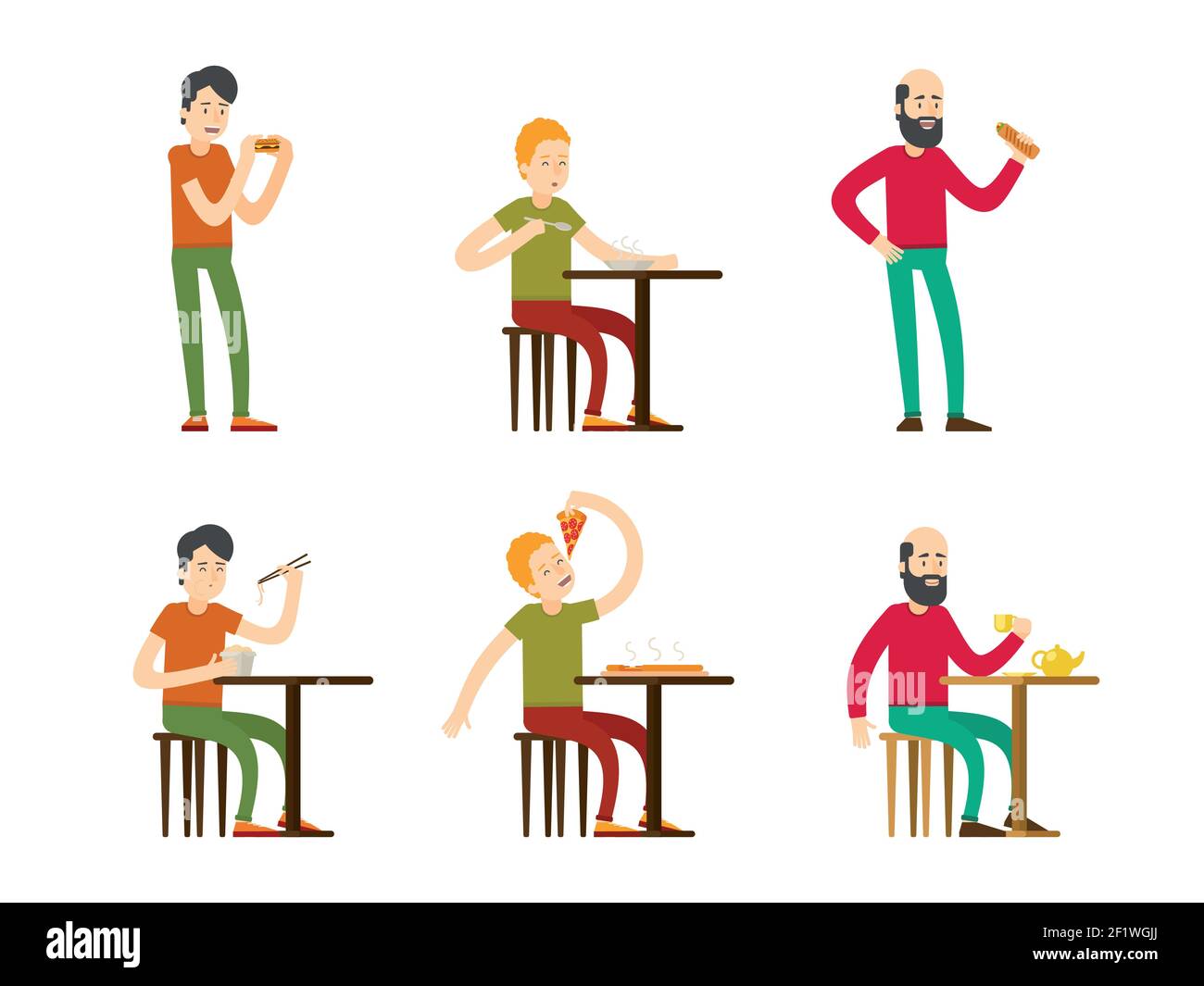 Flat eating men set tasting different meals dishes and drinking tea ...