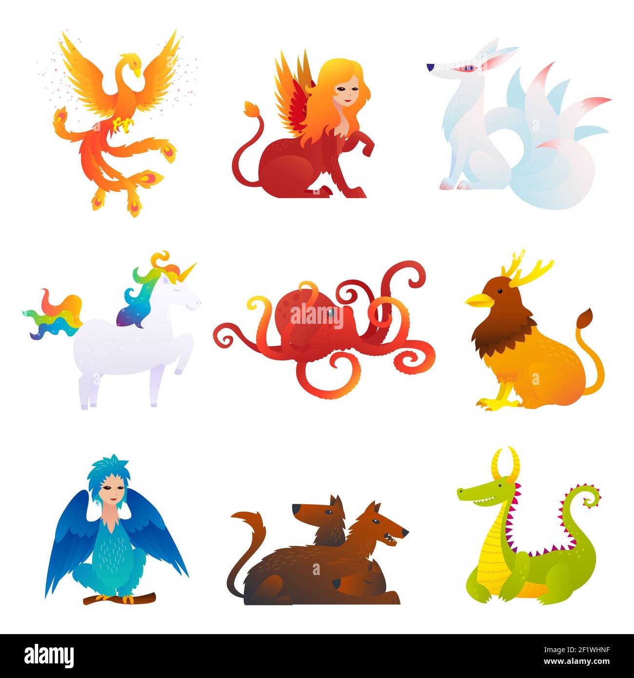 Mythical and fantastic creatures set with phoenix sphinx kitsune unicorn kraken griffin harpy cerberus dragon isolated vector illustration Stock Vector