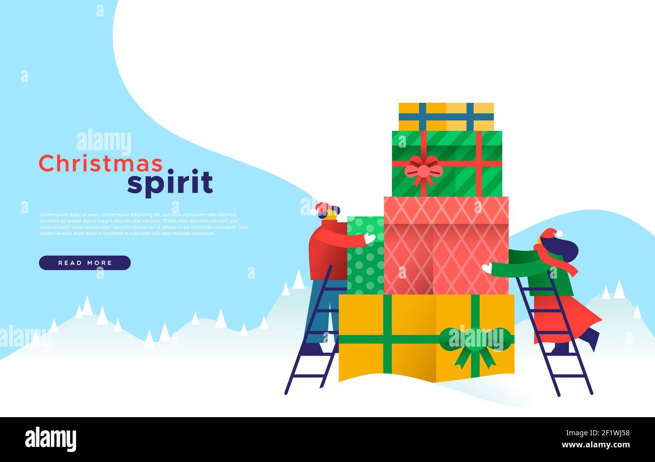 Merry christmas web template illustration, man and woman friends helping to give xmas gifts together. Holiday charity event or social teamwork concept Stock Vector