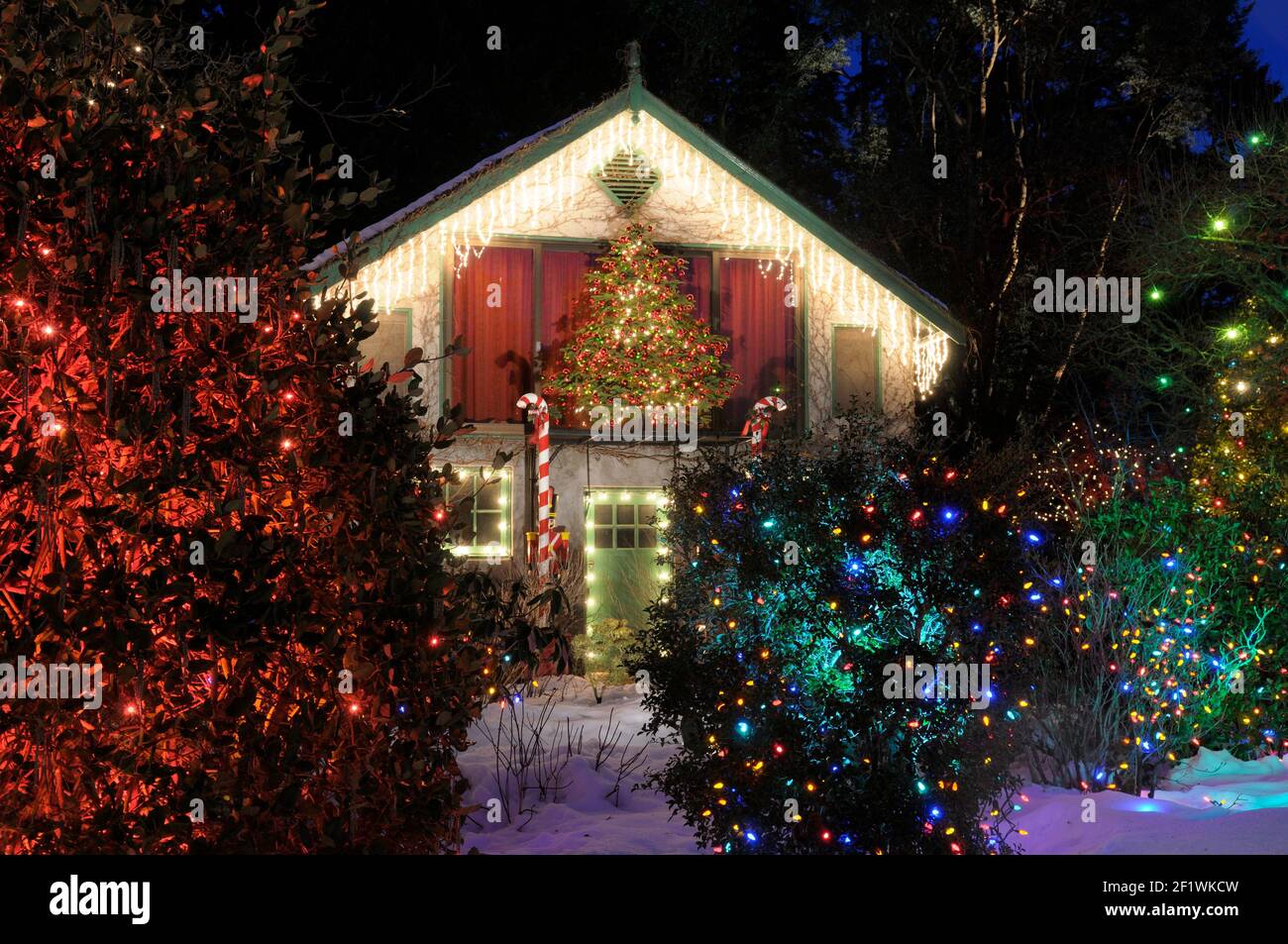 Christmas lights on a small house at Butchart Gardens, Brentwood Bay