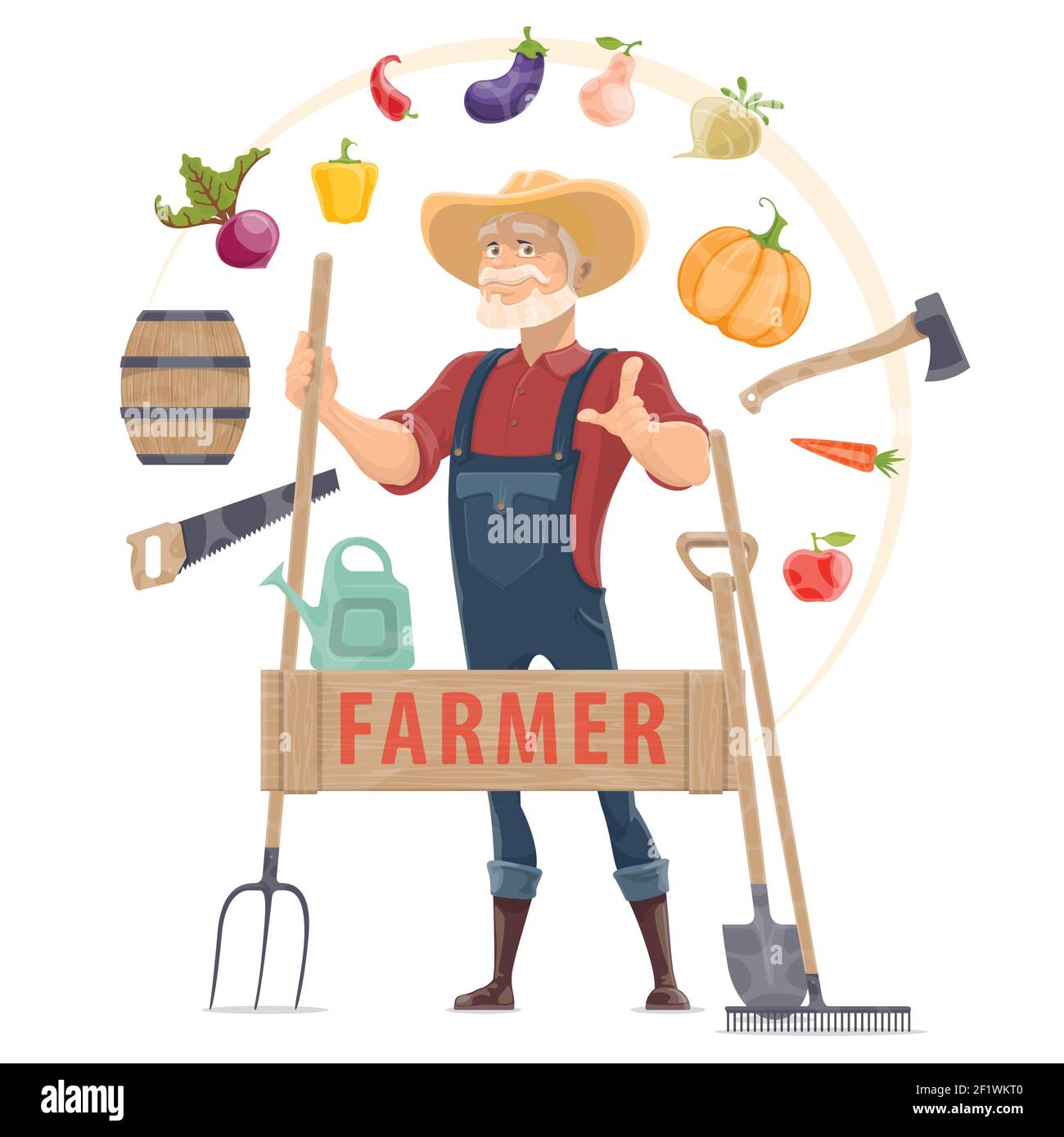 Agronomist elements round concept with farmer garden tools organic vegetables and fruits isolated vector illustration Stock Vector