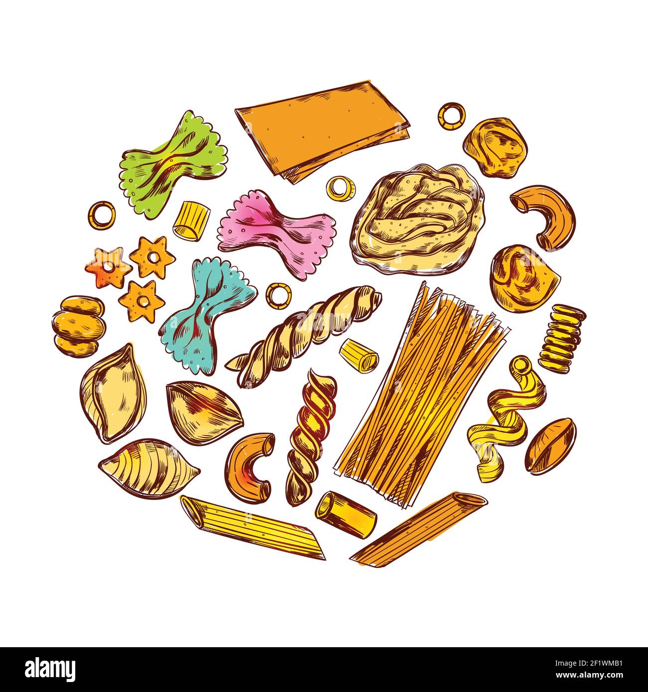 Sketch pasta round composition with various alimentary products and ...
