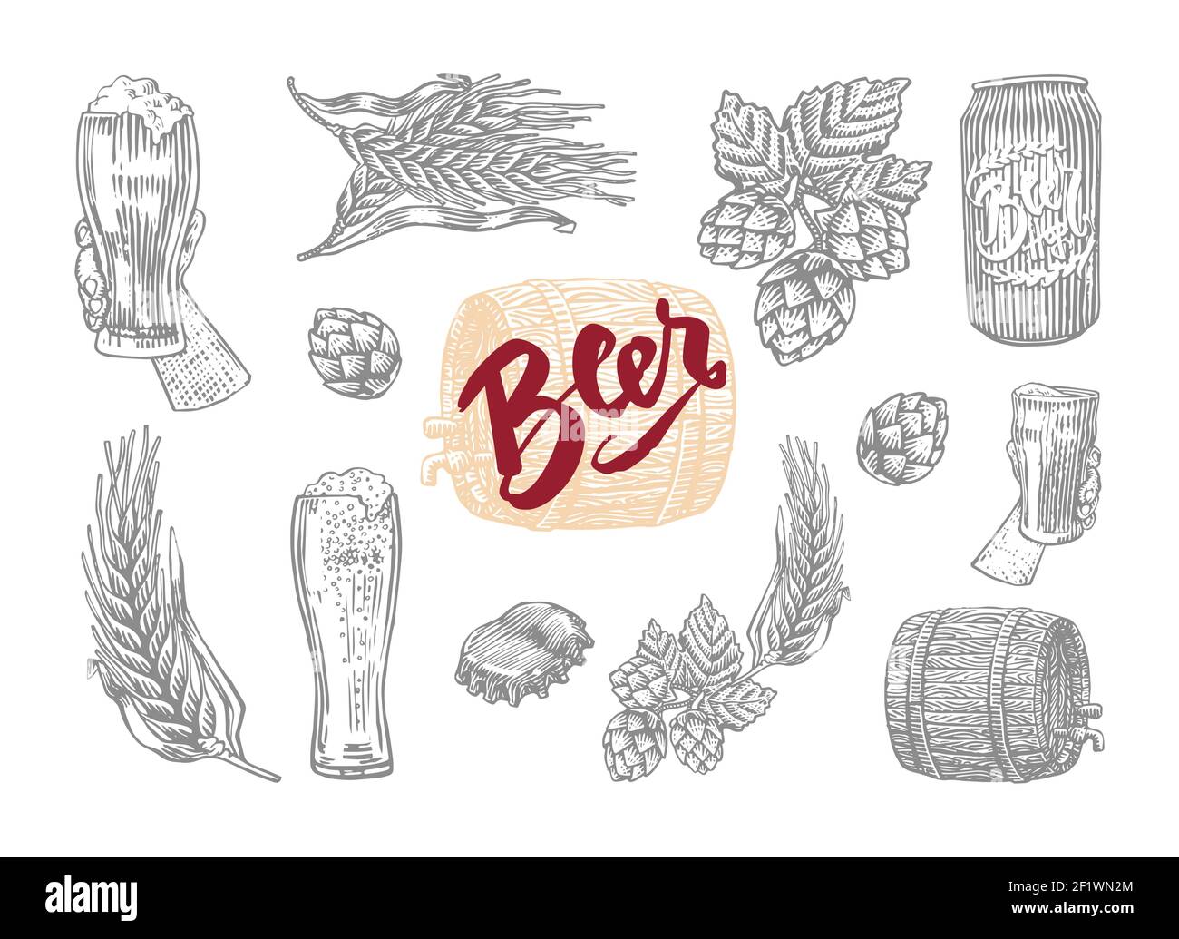 Gray isolated in engrave style beer set with elements of which prepares beer Stock Vector