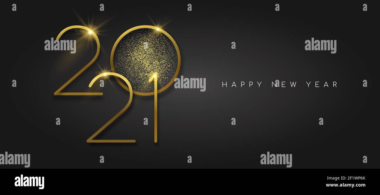 Happy New Year 2021 gold luxury greeting card design. Calendar date number sign with golden glitter dust on black background. Stock Vector