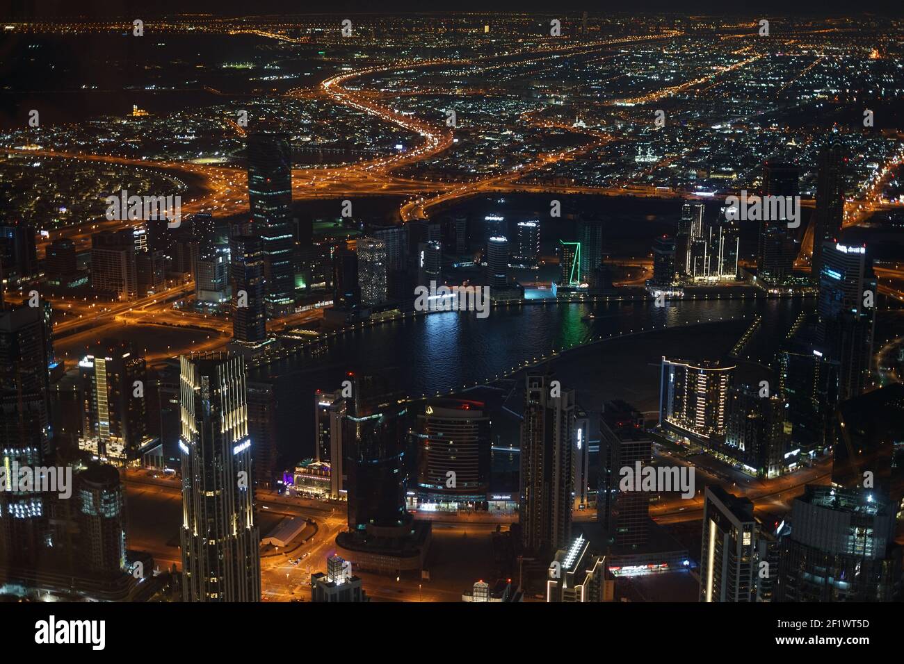 Dubai night view seen from the observation deck of Burj Khalifa Stock Photo
