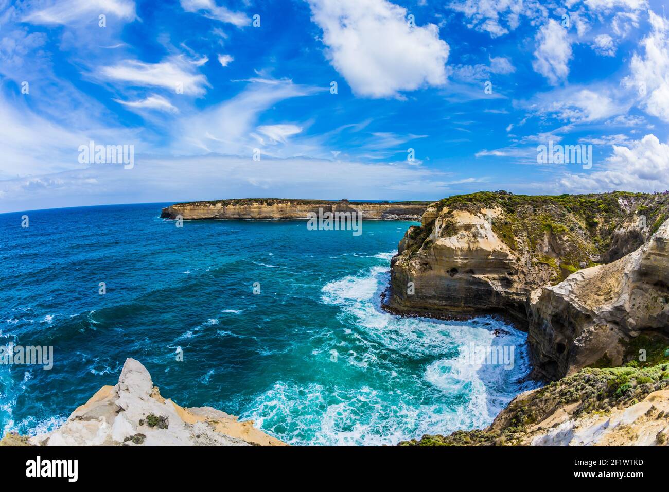 Ocean bay with stormy green water Stock Photo