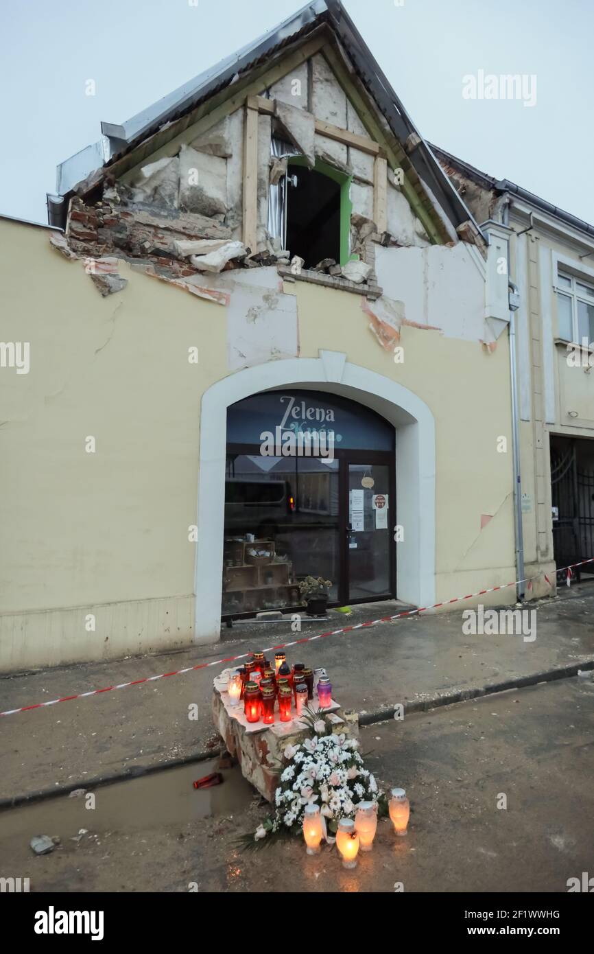A catastrophic earthquake measuring 6.3 hit Petrinja and was felt in most of the country. 7 people died during earthquake.Lights were lit at the place Stock Photo