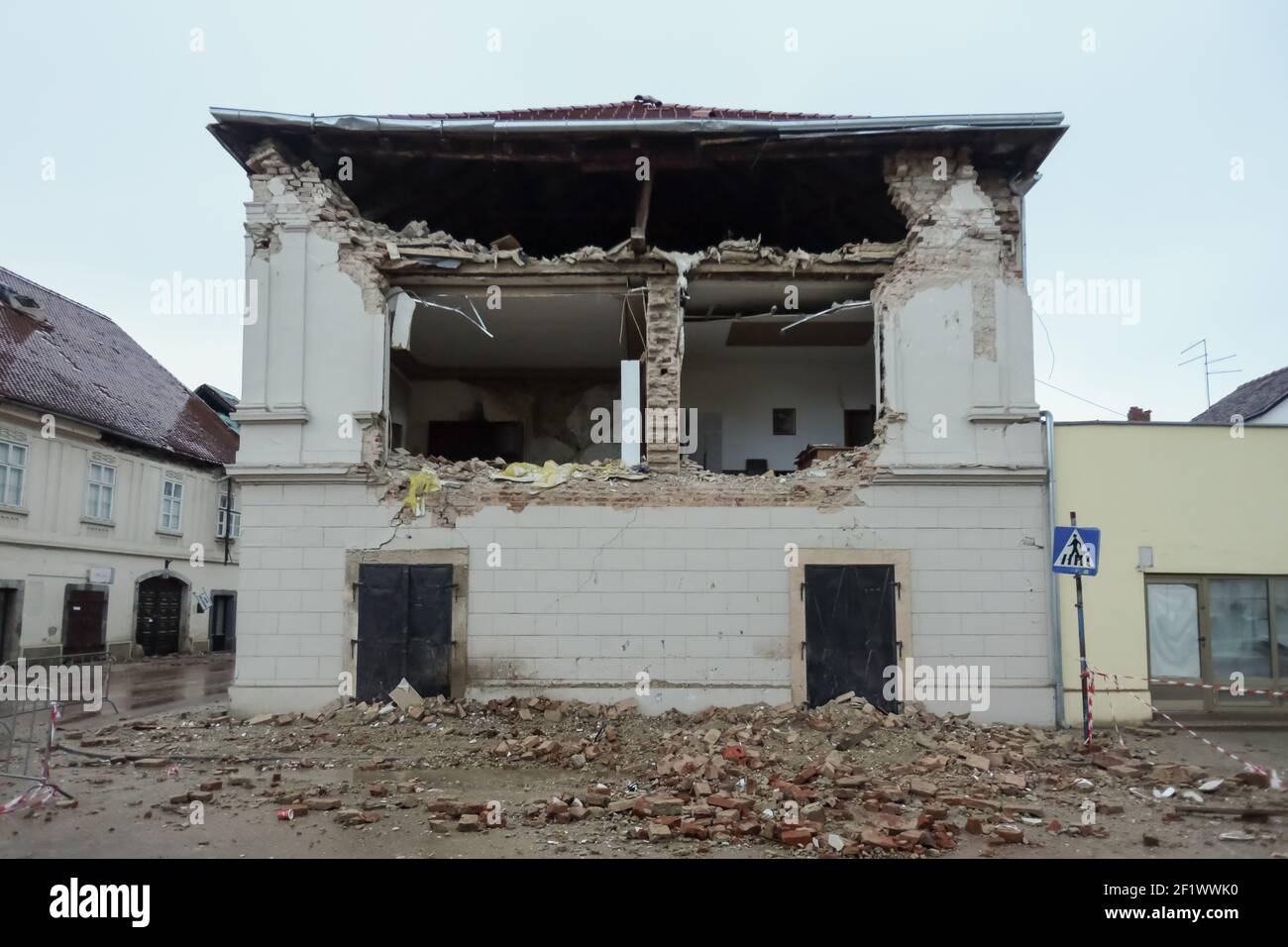 A catastrophic earthquake measuring 6.3 hit Petrinja and was felt in most of the country. 7 people died during earthquake.Destroyed building in the mi Stock Photo