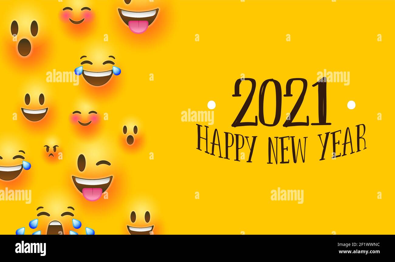 Happy New Year 2021 greeting card of funny 3d smiley face social icons