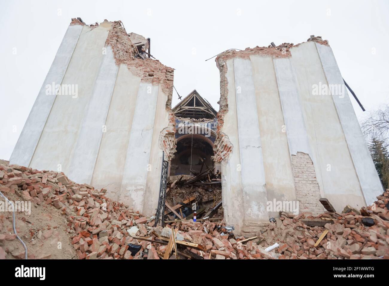 A catastrophic earthquake measuring 6.3 hit Petrinja and was felt in most of the country. 7 people died during earthquake. Church of St. Nikola and Vi Stock Photo