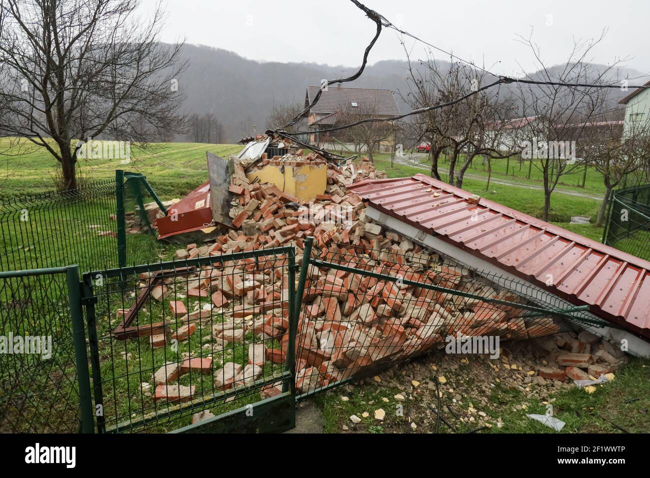 A catastrophic earthquake measuring 6.3 hit Petrinja and was felt in most of the country. 7 people died during earthquake. Destroyed building in the m Stock Photo