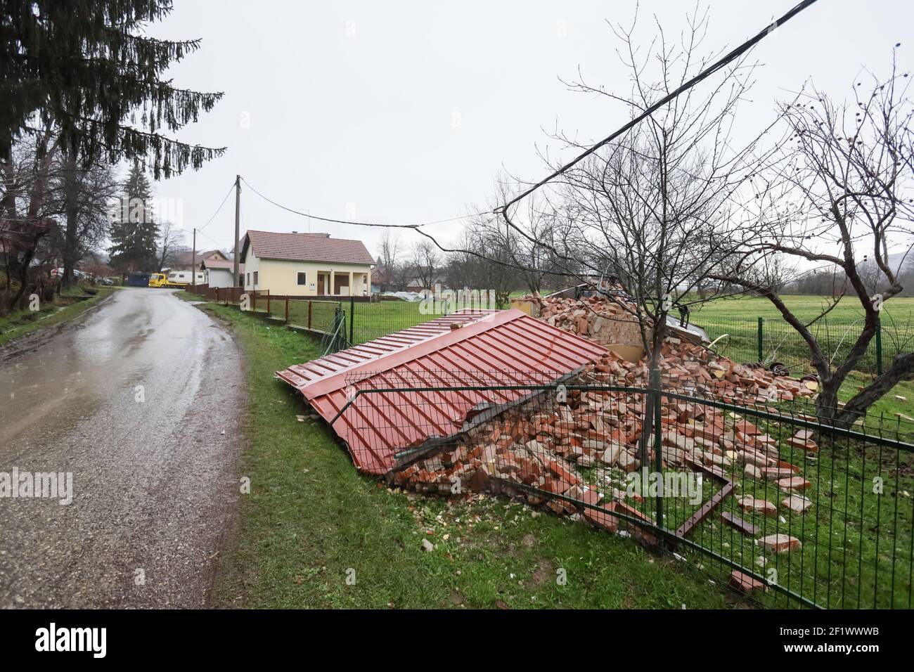 A catastrophic earthquake measuring 6.3 hit Petrinja and was felt in most of the country. 7 people died during earthquake. Destroyed building in the m Stock Photo