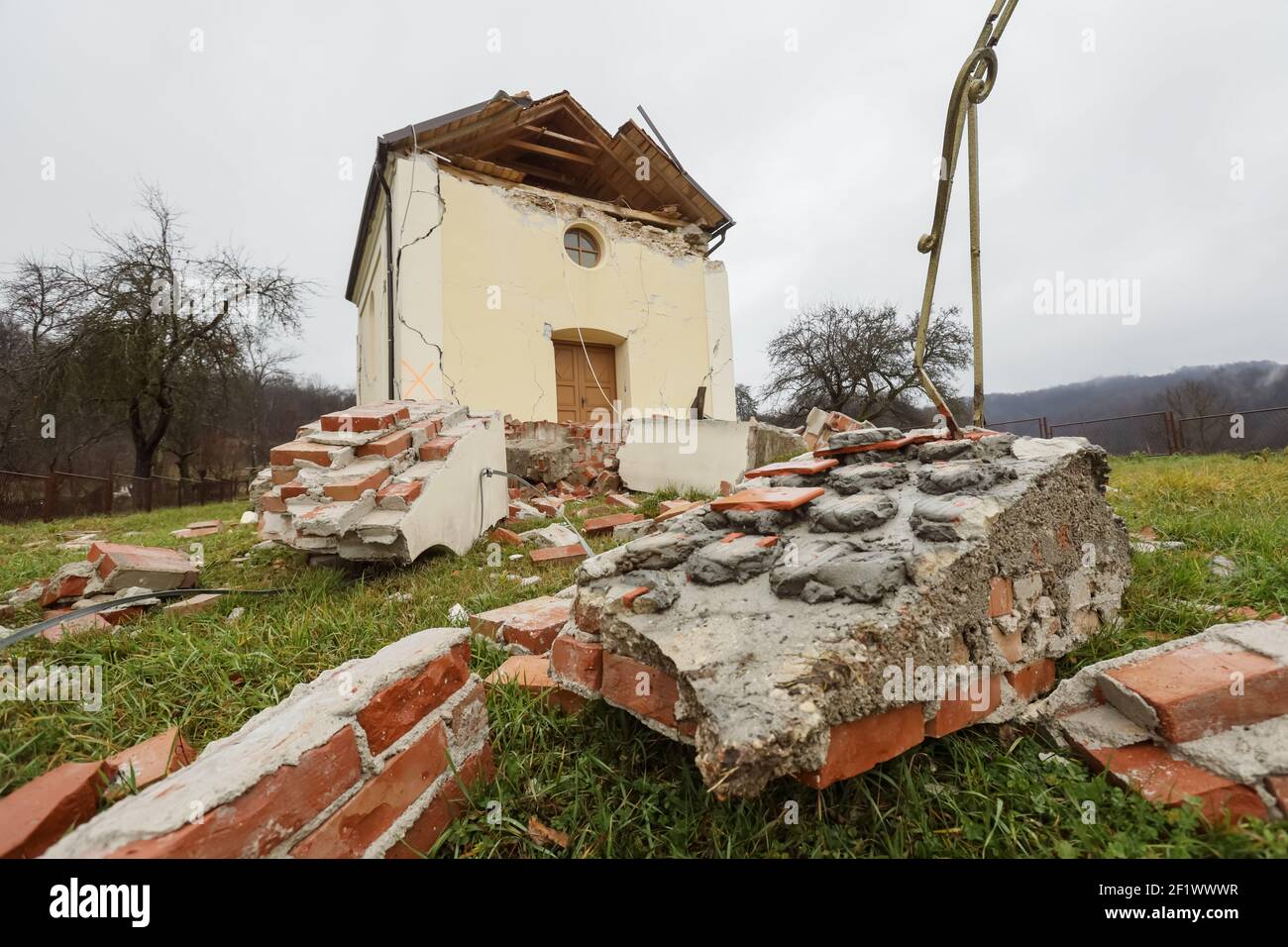 A catastrophic earthquake measuring 6.3 hit Petrinja and was felt in most of the country. 7 people died during earthquake. Destroyed church of the Hol Stock Photo