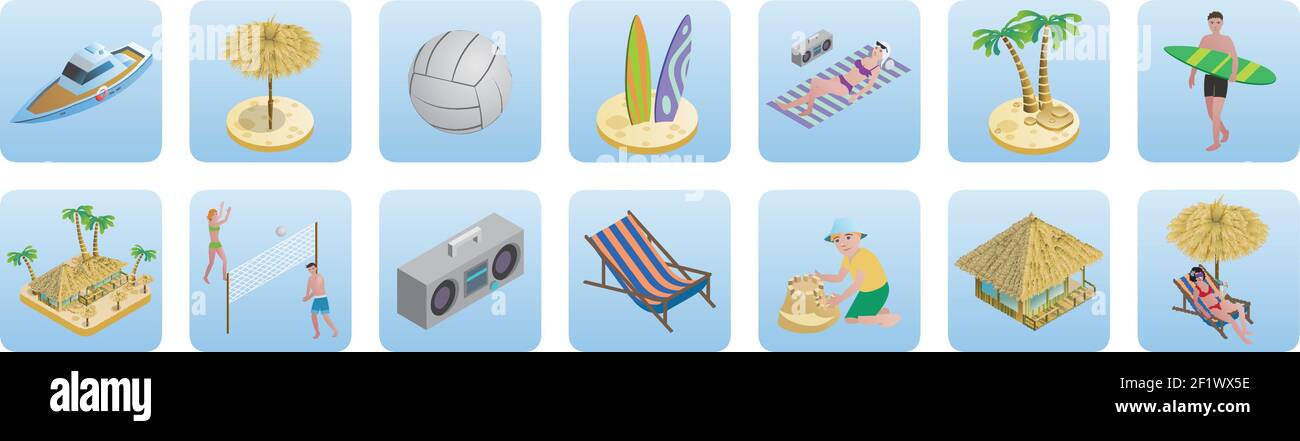 Isometric summer beach vacation icons set Stock Vector