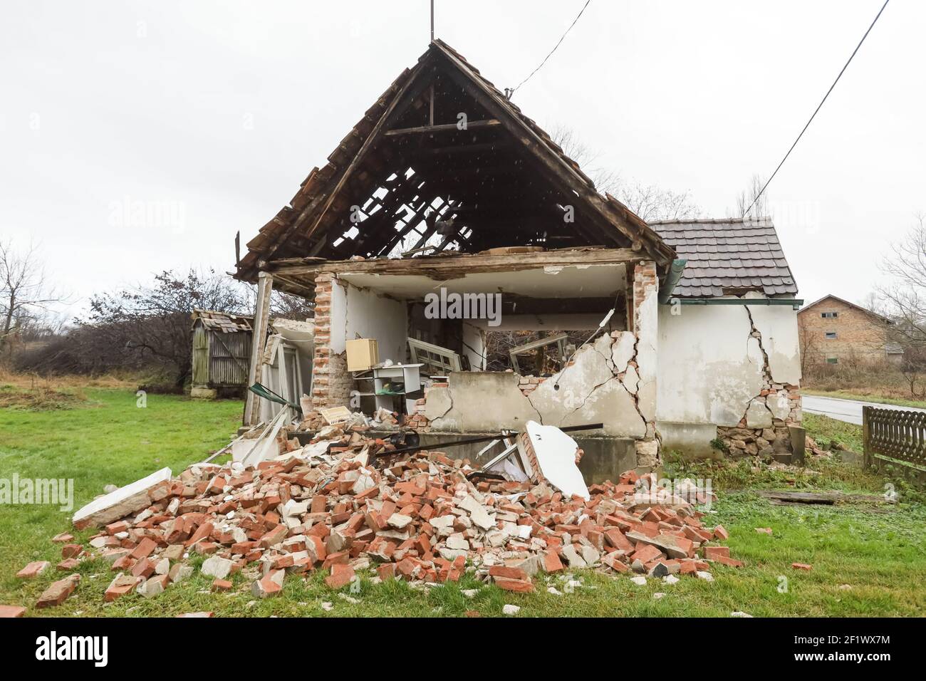 A catastrophic earthquake measuring 6.3 hit Petrinja and was felt in most of the country. 7 people died during earthquake.Destroyed house in the middl Stock Photo