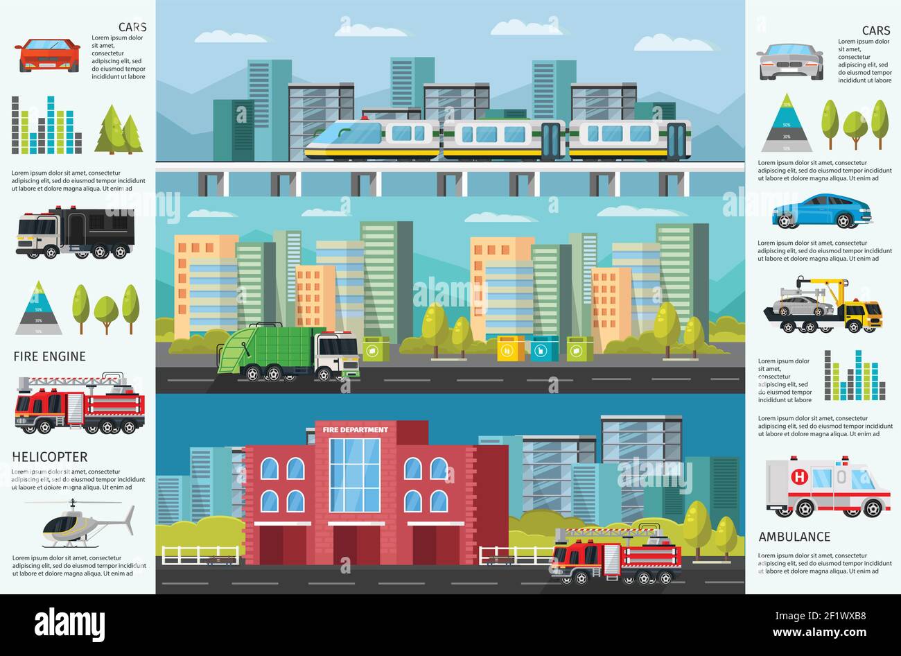 City transport infographic horizontal banners with municipal public vehicles cityscape and diagrams Stock Vector
