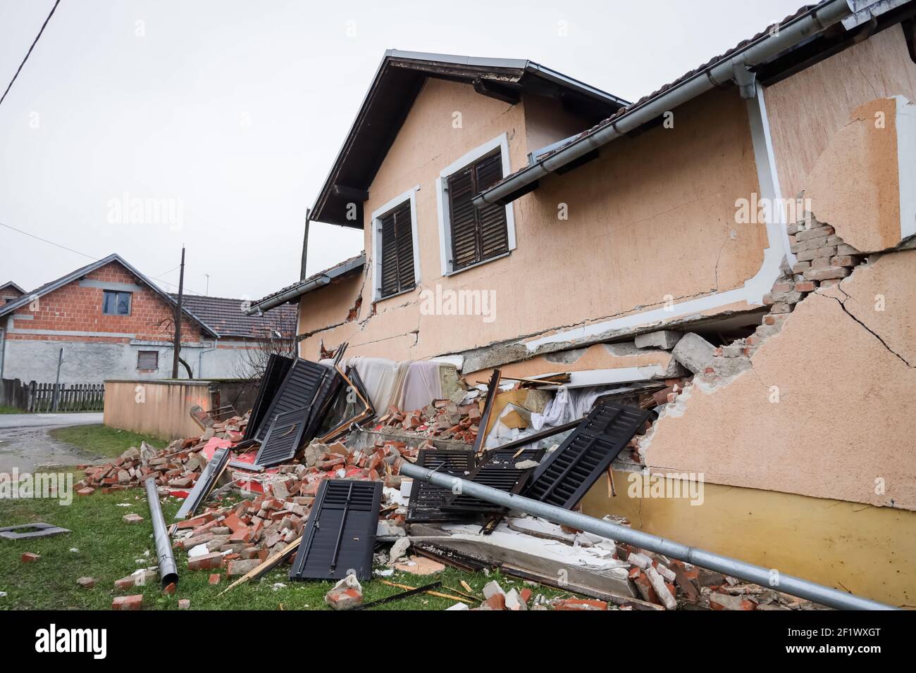 A catastrophic earthquake measuring 6.3 hit Petrinja and was felt in most of the country. 7 people died during earthquake.Destroyed house in the middl Stock Photo