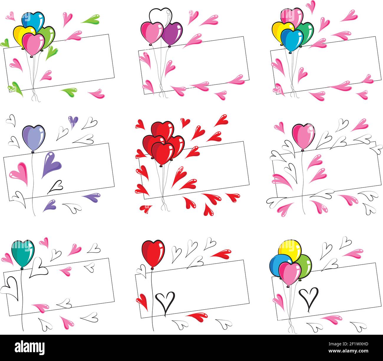 balloons and heart shapes greeting card border frame background set ...