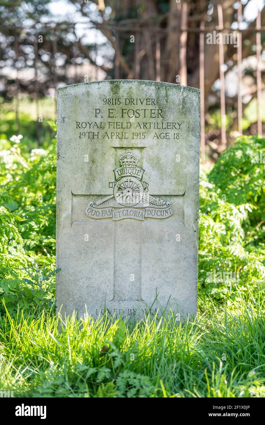 Military headstone in St Mary & All Saints church churchyard, Stambridge, Essex, UK. Driver PE Foster, Royal Field Artillery, British Army. Died 1915 Stock Photo
