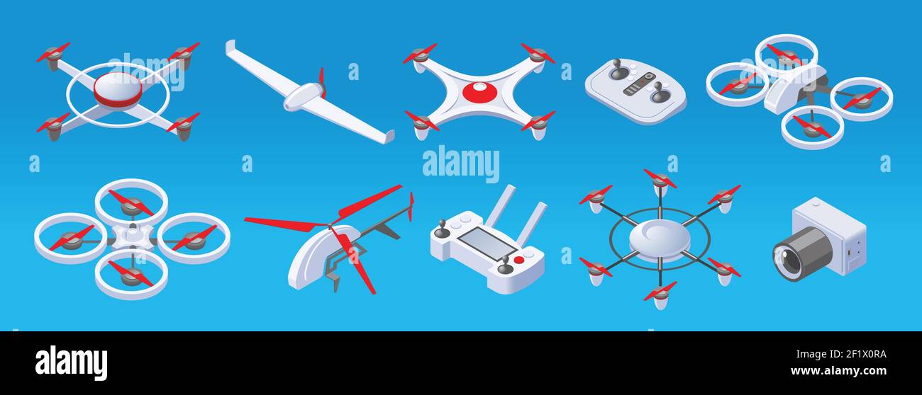 Isometric modern drones set with two three four six propellers drones remote control and camera isolated vector illustration Stock Vector