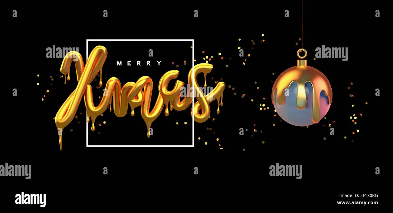 Merry Christmas greeting card, realistic 3d gold drip typography 