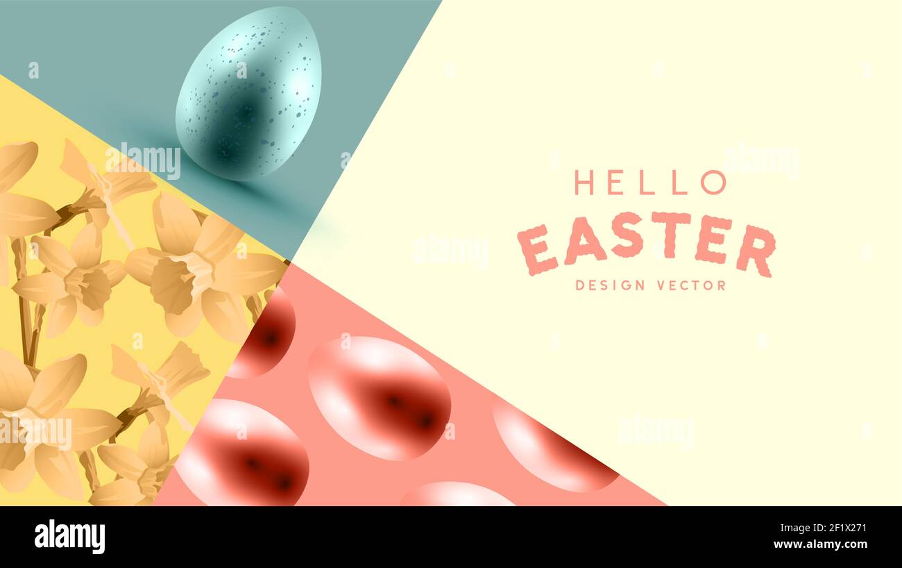 Easter abstract background layout with easter eggs and spring flowers. vector illustration Stock Vector