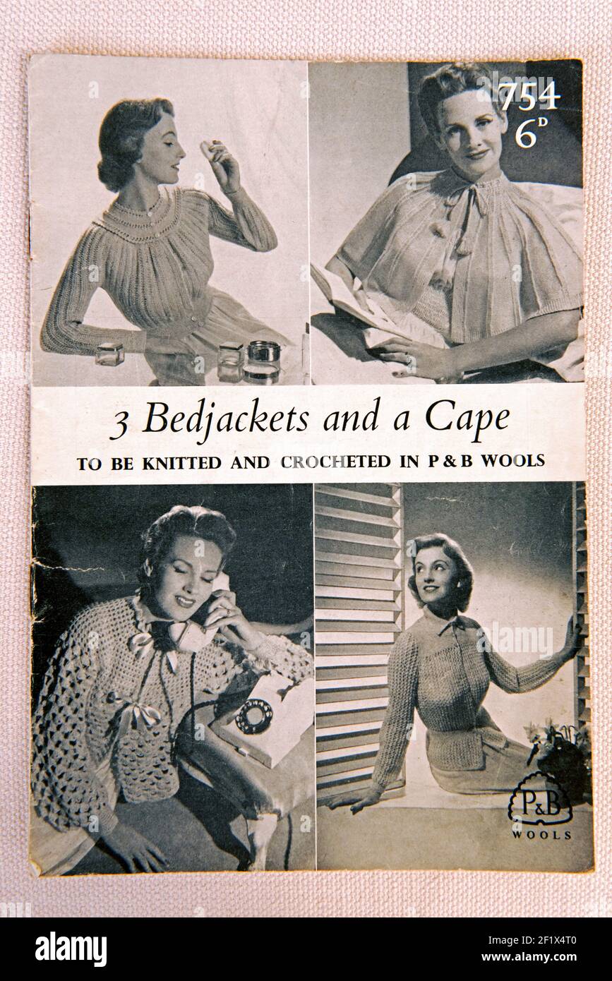 Vintage black and white knitting pattern 3 Bed jackets and a Cape - P&B wool, cost 6d. Stock Photo