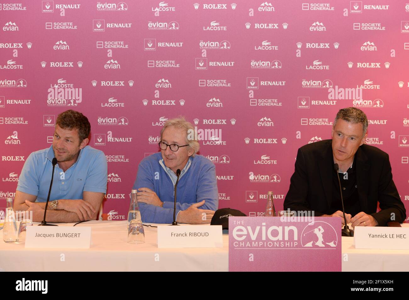 GOLF - THE EVIAN CHAMPIONSHIP 2013 - EVIAN (FRA) - 28/06/2013 - INAUGURATION NEW COURSE - PHOTO PHILIPPE MILLEREAU / KMSP / DPPI - JACQUES BUNGERT / TOURNAMENT DIRECTOR - FRANCK RIBOUD / CEO DANONE AND YANNICK LE HEC / SUPERINTENDENT GOLF COURSE Stock Photo