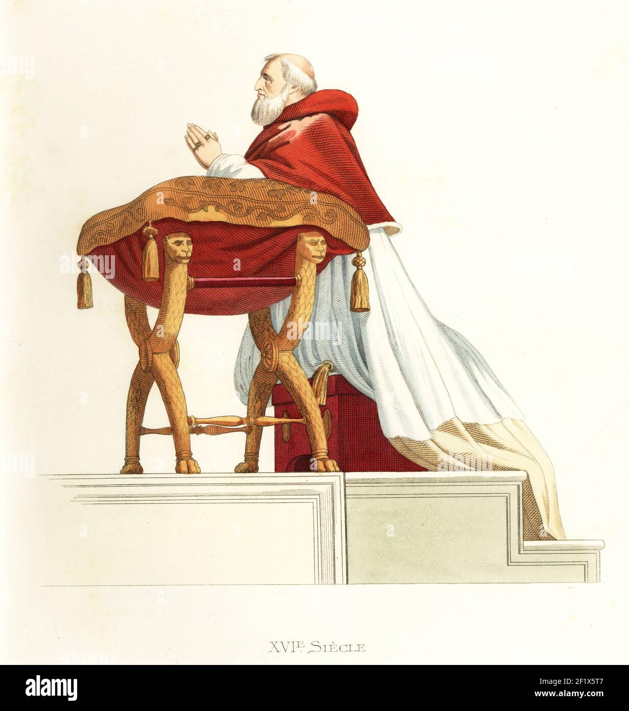 Pope Julius II kneeling in prayer, 16th century. Le Pape Jules II. After the painting by Raphael, Mass at Bolsene, La Messe de Bolsene, 1512. Handcolored lithograph after an illustration by Edmond Lechevallier-Chevignard from Georges Duplessis's Costumes historiques des XVIe, XVIIe et XVIIIe siecles (Historical costumes of the 16th, 17th and 18th centuries), Paris, 1867. Edmond Lechevallier-Chevignard was an artist, book illustrator, and interior designer. Stock Photo