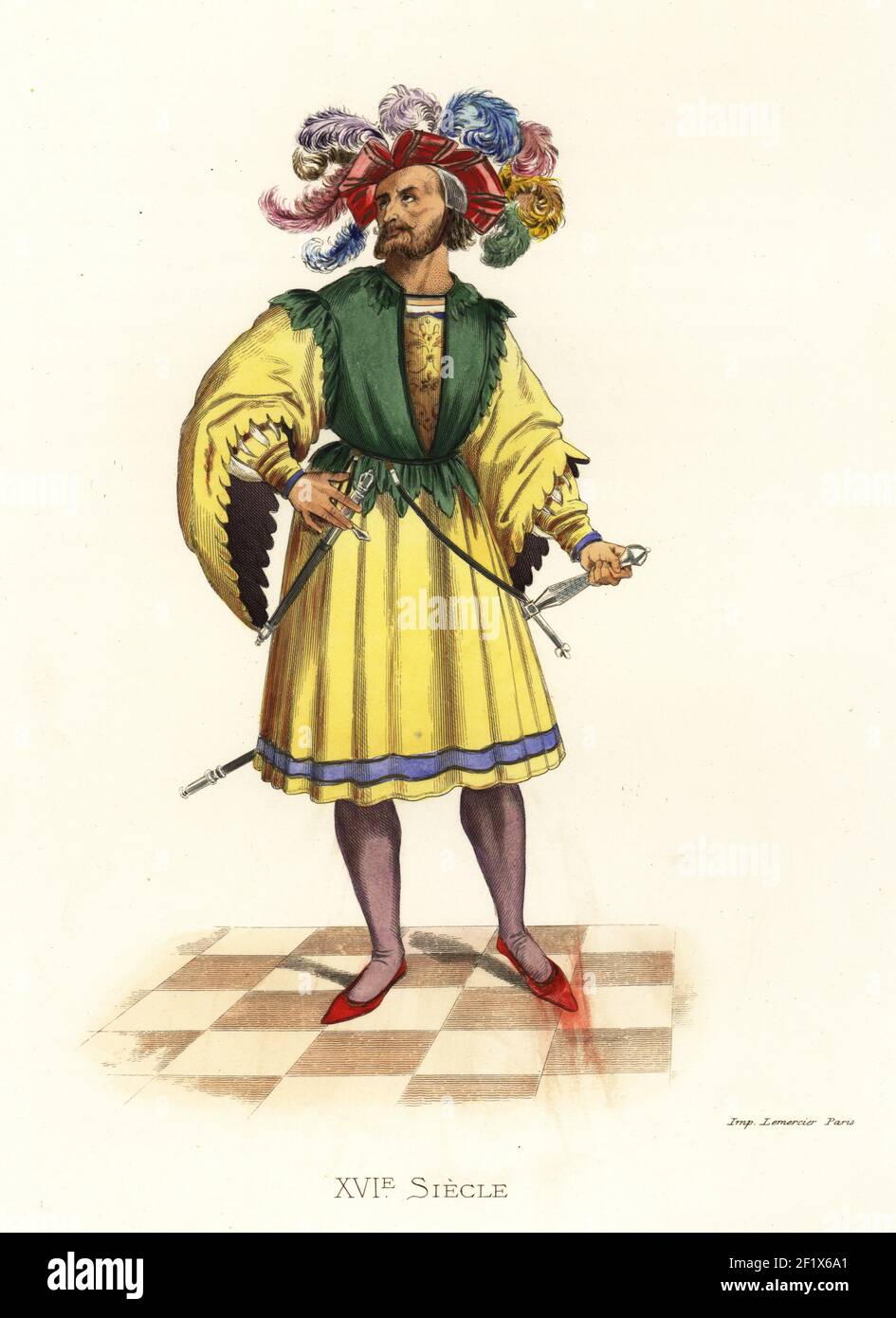 Kress de Kressenstein, a Patrician of Nuremberg, 16th century. He wears a plumed felt hat, damask brocade plastron, yellow puff sleeves and skirt, flesh-colour hose, red slippers, belt with dagger and sword. Patricien de Nuremberg. After Patriciens de Nuremberg, coloured by G. Schneider, 1617. Handcolored lithograph after an illustration by Edmond Lechevallier-Chevignard from Georges Duplessis's Costumes historiques des XVIe, XVIIe et XVIIIe siecles (Historical costumes of the 16th, 17th and 18th centuries), Paris, 1867. Edmond Lechevallier-Chevignard was an artist, book illustrator, and inter Stock Photo