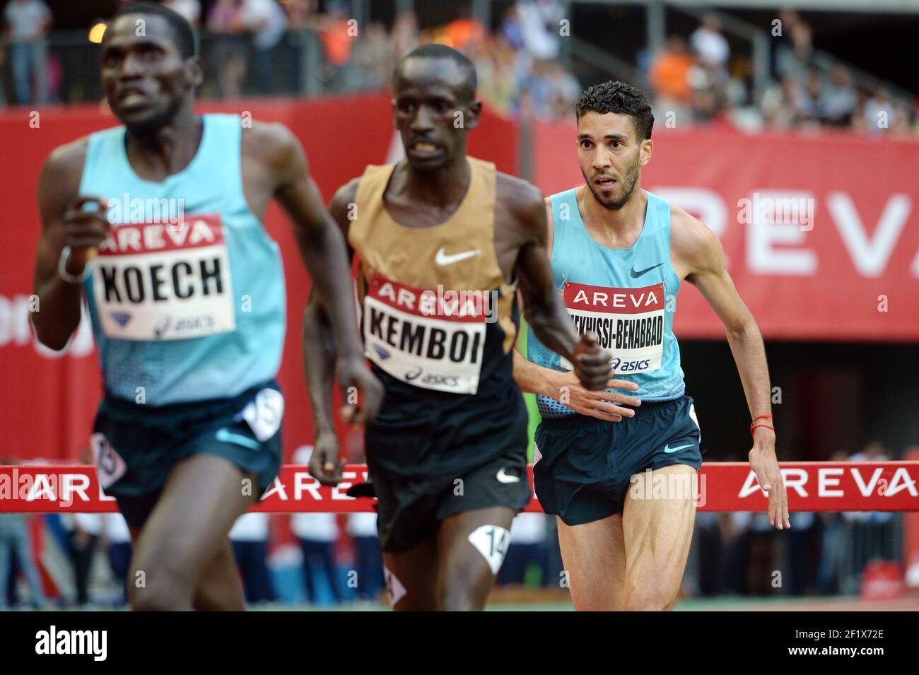 ATHLETICS - MEETING AREVA 2013 - STADE DE FRANCE / SAINT-DENIS (FRA) - 06/07/2013 - PHOTO : PHILIPPE MILLEREAU / KMSP / DPPI - 3000 M STEEPLE - EZEQUIEL KEMBOI / KEN - MAHIEDINE MEKHISSI BENABBAD / FRA Stock Photo