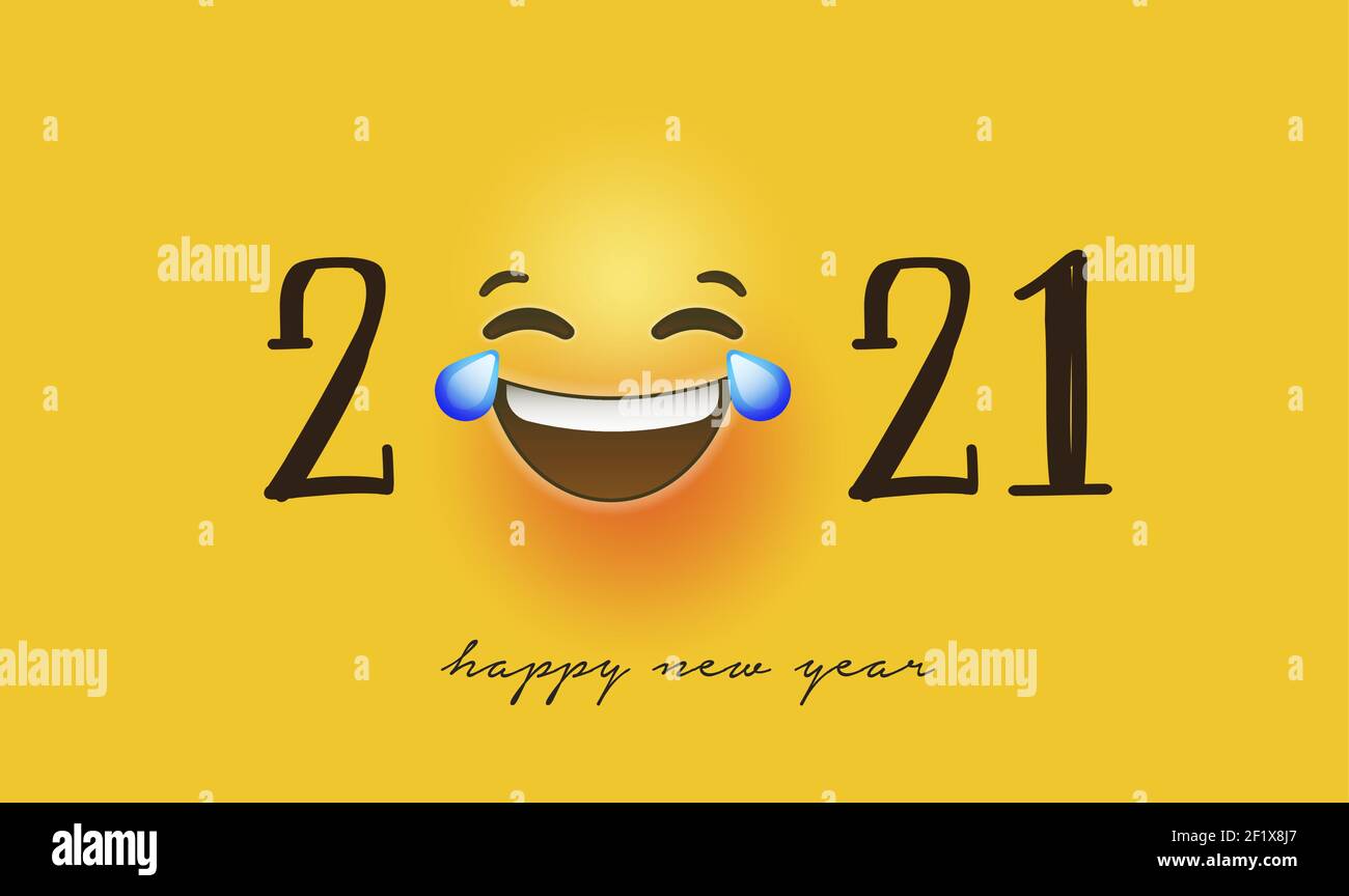 Happy New Year 2021 greeting card of funny 3d smiley face social icons