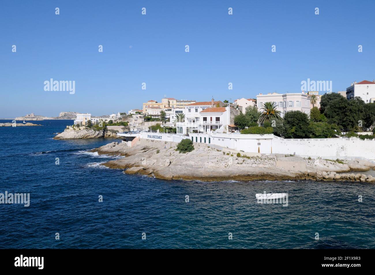 View of the 'Petit Nice' on the Corniche with Frioul and Château d'If in the background, Marseille, Bouches-du-Rhone, Provence-Alpes-Cote d'Azur, Fran Stock Photo