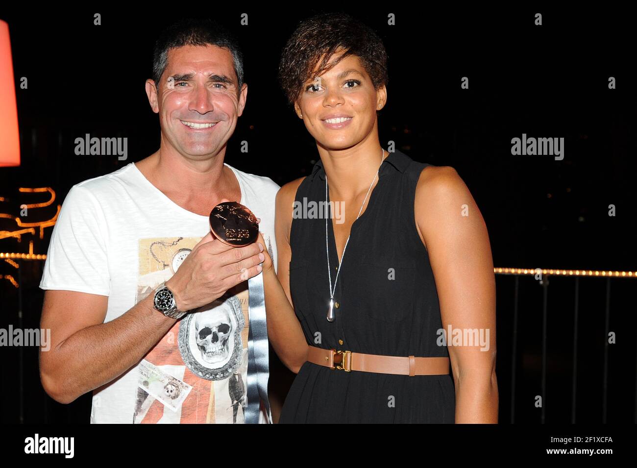 Swimming - Fina World Championships 2013 - Barcelona , SPAIN - Day 16 - 4/08/2013 - Photo STEPHANE KEMPINAIRE / KMSP / DPPI - French Team - French Team - Bronze Medal - 4 X 200 m Relay - Coralie Balmy (FRA) with her Coach Franck Esposito Stock Photo