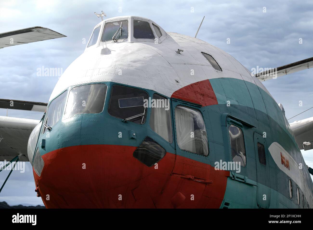 The Mil V-12 a Soviet Union prototype Aircraft. It is the largest helicopter ever built. On display at the Central Air Force Museum in Moscow. Stock Photo