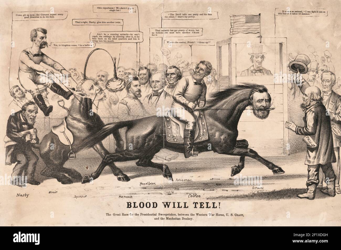 Blood will tell! The Great Race for the presidential sweepstakes, between the Western war horse, U. S. Grant, and the Manhattan donkey - 1868 Presidential Election Cartoon - Print shows a race with two horses, one with the head of Ulysses Grant and the other with the head of Horatio Seymour, the presidential candidates for 1868. The Grant horse, ridden by Schulyer Colfax is in the lead while the rider of the Seymour horse, Frederick Preston Blair, is being tossed. A cabbage hangs in front of the Seymour horse to entice him to move forward while David Ross Locke, labeled 'Nasby' twists its tai Stock Photo