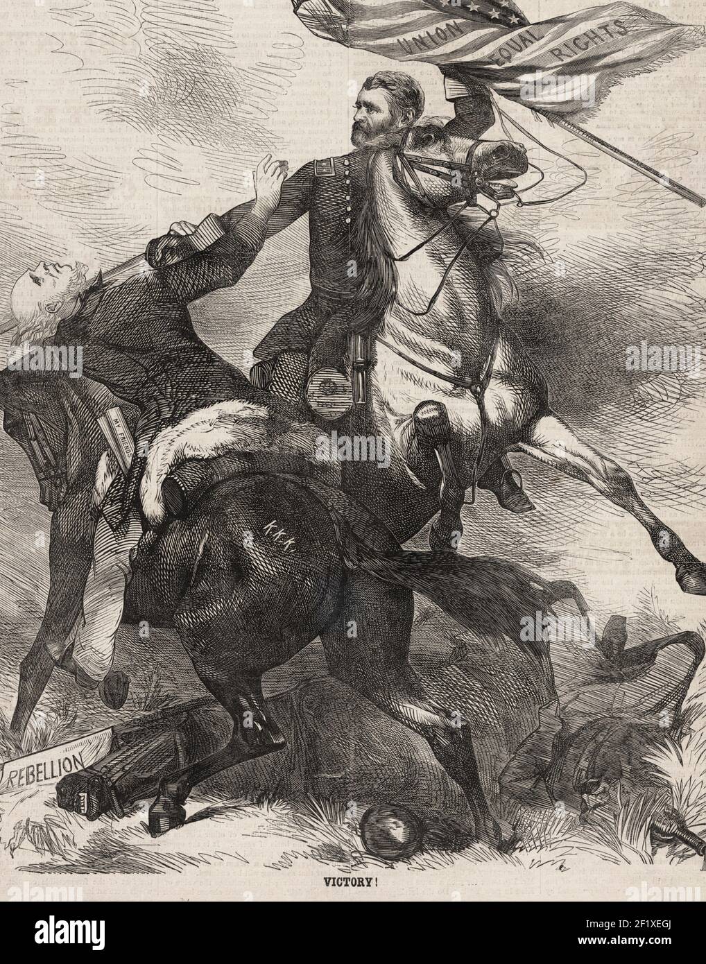 Victory!  Caricature showing Ulysses S. Grant, on horseback, carrying U.S. flag labeled 'Union equal rights' and beheading Horatio Seymour, who is riding a horse labeled K.K.K. - Political Cartoon, 1868 Presidential Election Stock Photo