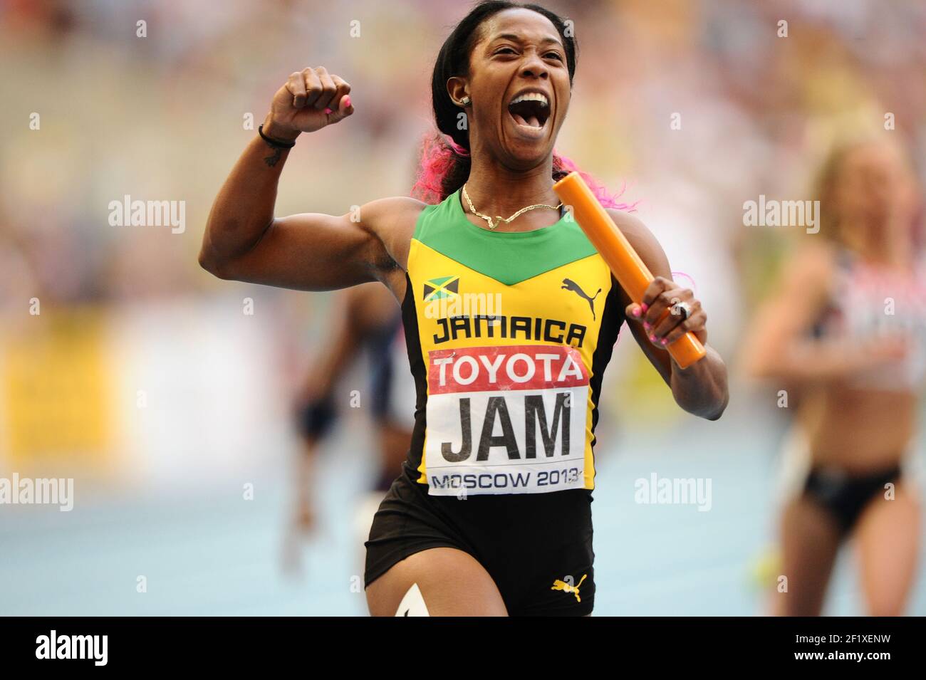 Athletics - IAAF World Championships 2013 - Stadium Loujniki , Moscow , RUSSIA - 10 to 18/08/2013 - Photo STEPHANE KEMPINAIRE / KMSP / DPPI - Day 9 - 18/08/13 -4X100 m Relay - Women - Finale - Gold Medal - Jamaica Team - Shelly-Ann Fraser-Pryce (JAM) Stock Photo