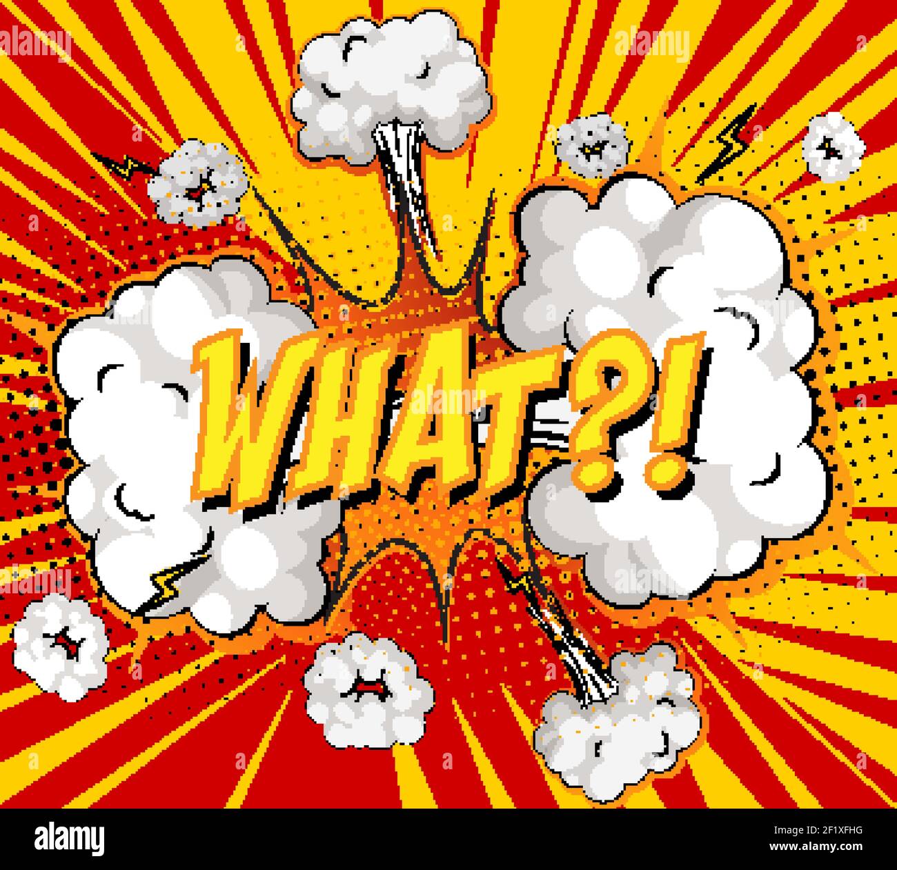 WHAT text on comic cloud explosion on rays background illustration Stock Vector