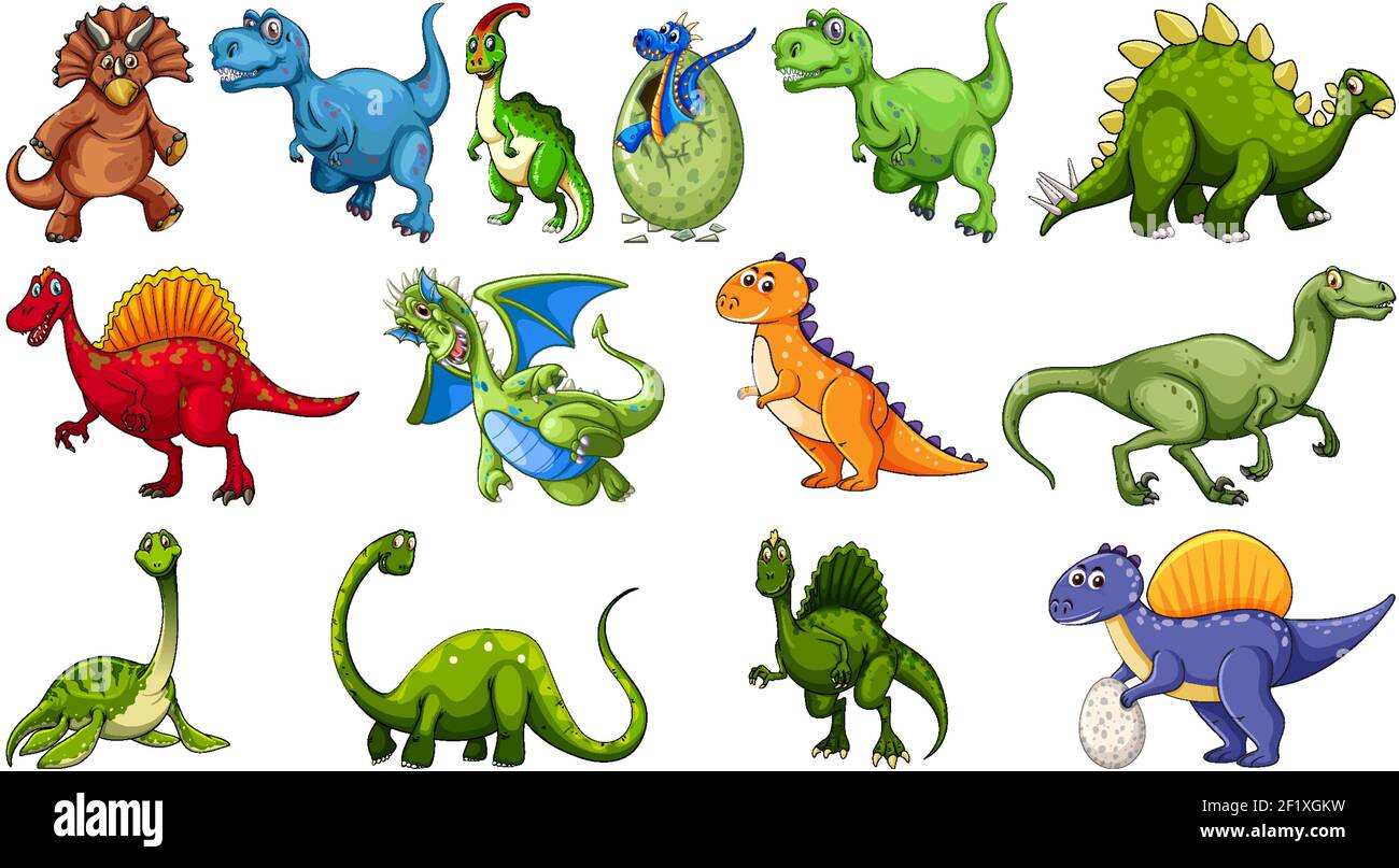 Set of different dinosaur cartoon character isolated on white ...